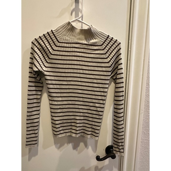 Hooked Up by IOT Sweaters - Hooked Up Womens Mock Neck Ribbed Knit Striped Sweater Cream Brown Small